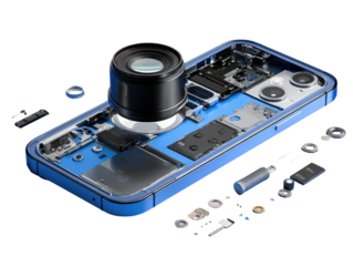 Smartphone internal components.  Layered view