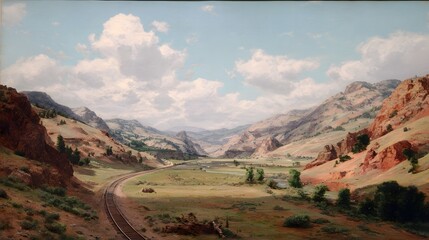 A landscape painting shows a railway winding through a valley between mountains under a cloudy sky. Greenery and rocks dominate the scene.