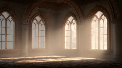 Obraz premium An expansive interior room, bathed in golden sunlight streaming through intricate Gothic arched windows, creates a serene and majestic atmosphere.