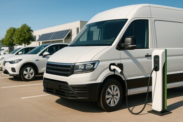 Electric bus innovation. Electric vehicle charging station features white delivery van parked beside modern SUV. scene showcases sustainable transportation options in sunny outdoor setting