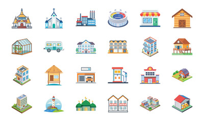Fototapeta premium Collection of Various Building and Architecture Icons Including Temple, Church, Factory, Stadium, Shops, Barn, Greenhouse, Camper, Houses, Apartments, Gas Station, School, Lighthouse, Mosque, and Ware