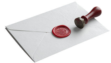 A white envelope with a red wax seal and wooden stamp