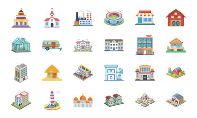 Fototapeta premium Collection of Various Building and Architecture Icons Including Temple, Church, Factory, Stadium, Shops, Barn, Greenhouse, Camper, Houses, Apartments, Gas Station, School, Lighthouse, Mosque, and Ware
