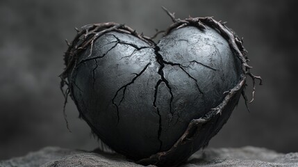 A dark, cracked heart, entwined with roots, sits on a textured surface