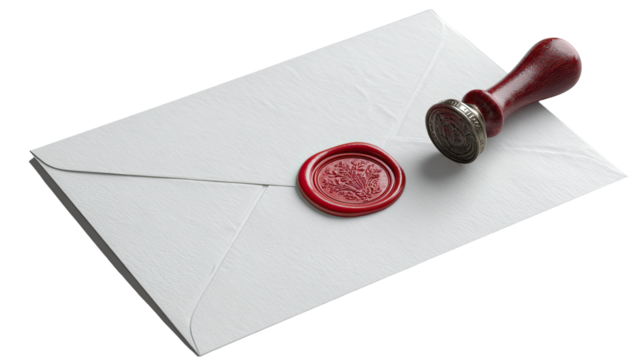 A white envelope with a red wax seal and wooden stamp