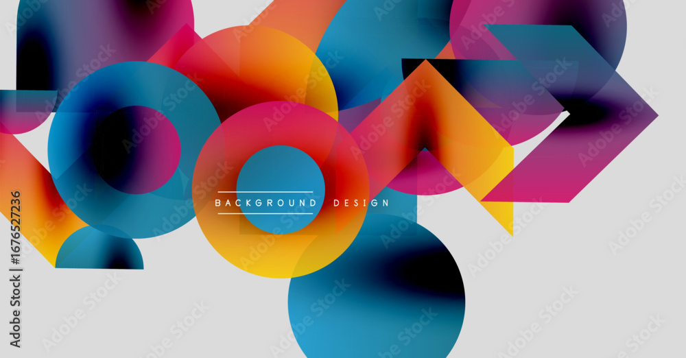 Poster abstract colorful shapes overlap, creating dynamic visual effect. gradient hues blend, forming moder