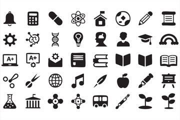 Black Silhouette School Icons Set Including Books, Graduation, and Creativity Symbols
