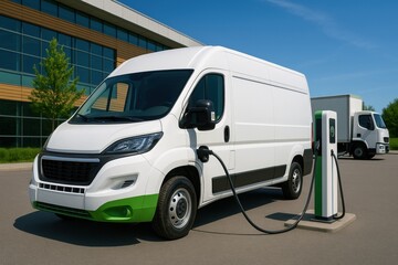 Fototapeta premium Electric bus innovation. modern electric delivery van parked charging station, showcasing its eco friendly design and technology. vehicle is surrounded by greenery and commercial building