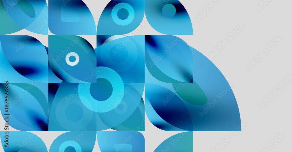 Poster abstract composition. blue shapes overlap, creating dynamic visual texture. circles, curves, gradien