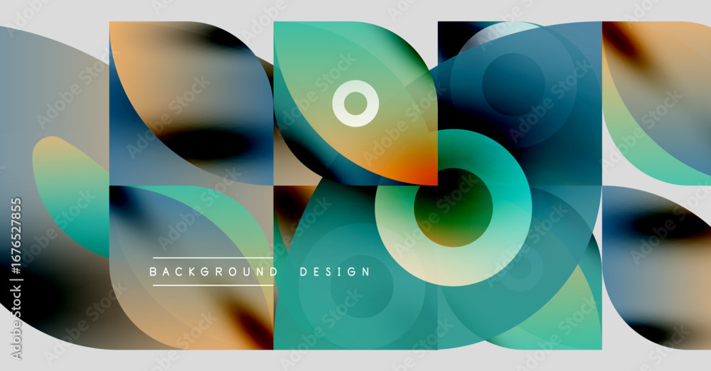 Poster abstract geometric shapes, vibrant colors blend. modern design elements create dynamic visual textur