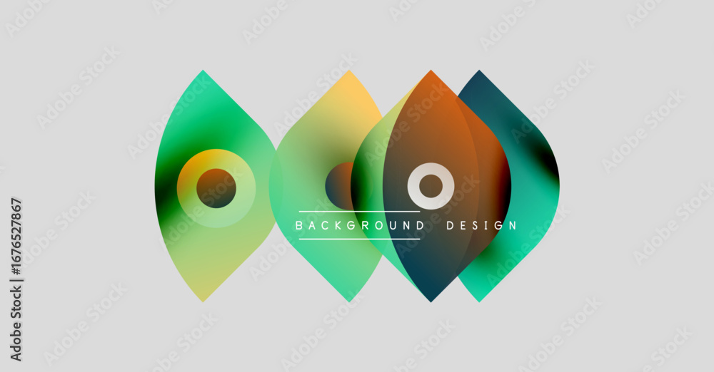 Poster abstract colorful shapes overlap. modern design features gradients, circles, text labels. clean back