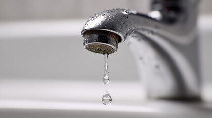 Macro close-up of water droplet hanging from faucet over white ceramic sink highlighting plumbing defect and urgency
