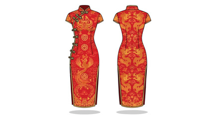 Elegant Cheongsam Dress Illustration: Traditional Chinese Attire with Intricate Phoenix Design on a Vibrant Red and Gold Fabric