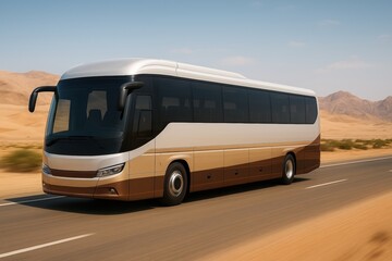 Electric bus innovation. modern luxury bus traveling desert road, showcasing sleek design with two tone color scheme. vehicle is set against backdrop of sandy dunes and clear skies, evoking sense