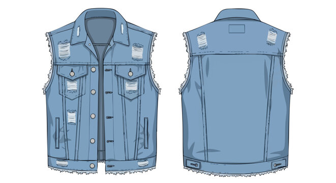 Distressed denim vest template with frayed edges and multiple rips showcasing front and back design details for fashion illustration