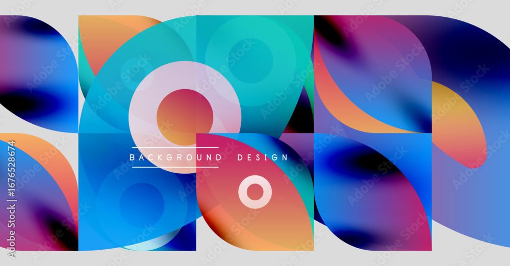 Poster abstract colorful shapes overlap, creating dynamic background. vivid gradients blend, forming modern