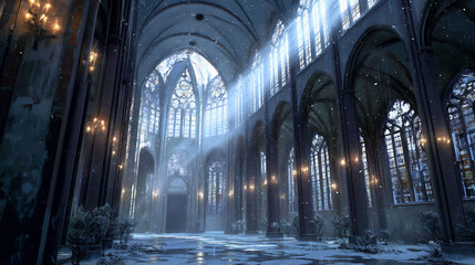 Fototapeta premium Architecture cathedral interior with light rays and snow falling artwork