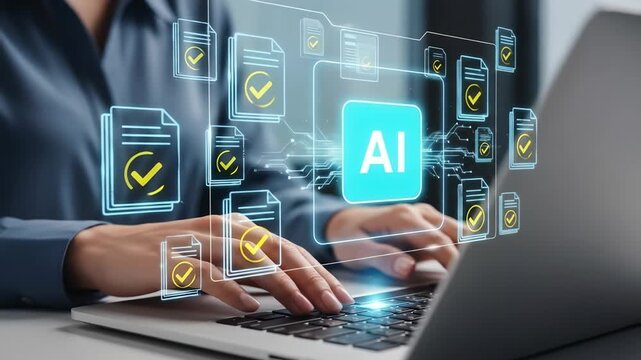 Artificial intelligence technology and digital document verification with data security, innovation, and automation concepts featuring person typing laptop, computer interface, and virtual files