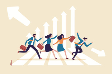 
Business challenge, growing to success, growth chart or career path, teamwork winning together, work improvement or leadership, motivation concept, business people running on growth arrow up chart.