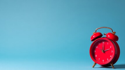 A vintage red alarm clock with white numerical hour markers and a golden bell sits against a solid blue background,