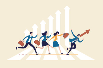 
Business challenge, growing to success, growth chart or career path, teamwork winning together, work improvement or leadership, motivation concept, business people running on growth arrow up chart.