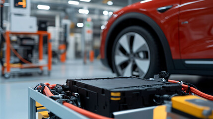 Fototapeta premium Electric car battery assembly in a factory
