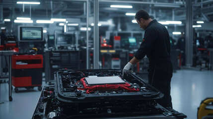 Technician working on electric vehicle battery