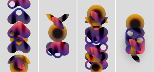 Abstract composition featuring layered colorful circles. Gradient hues blend, creating dynamic visual rhythm. Minimalist design, soft shadows present.