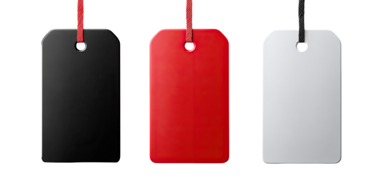 Three blank rectangular tags, black, red, and white