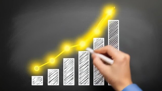 Bar graph hand chalk yellow line growth success business finance progress with hand drawing glowing yellow upward trend and arrow chalkboard, symbolizing financial growth, achievement, motivation
