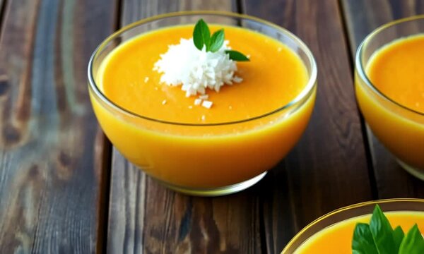 Three small, glass bowls of bright orange dessert, topped with shredded coconut and fresh mint leaves