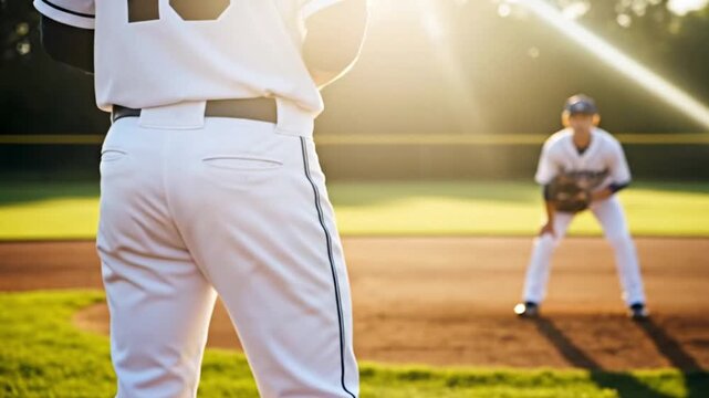 Focused baseball pitcher preparing to throw the ball, showcasing the intensity and skill of the sport during a sunny game