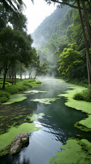 Obraz premium Serene landscape with misty forest surrounding tranquil river in lush greenery and tranquil setting