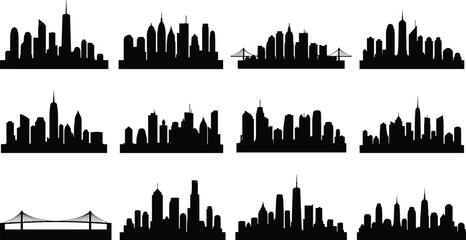 Fototapeta premium Collection of iconic city skyline silhouettes and bridge outlines, black urban landscape illustrations, perfect for architecture, travel, and city design projects
