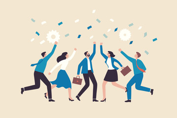 Employee, organization or company worker, team or teamwork success together, staff partnership or community concept, success businessman, businesswoman colleague high five for winning celebration.