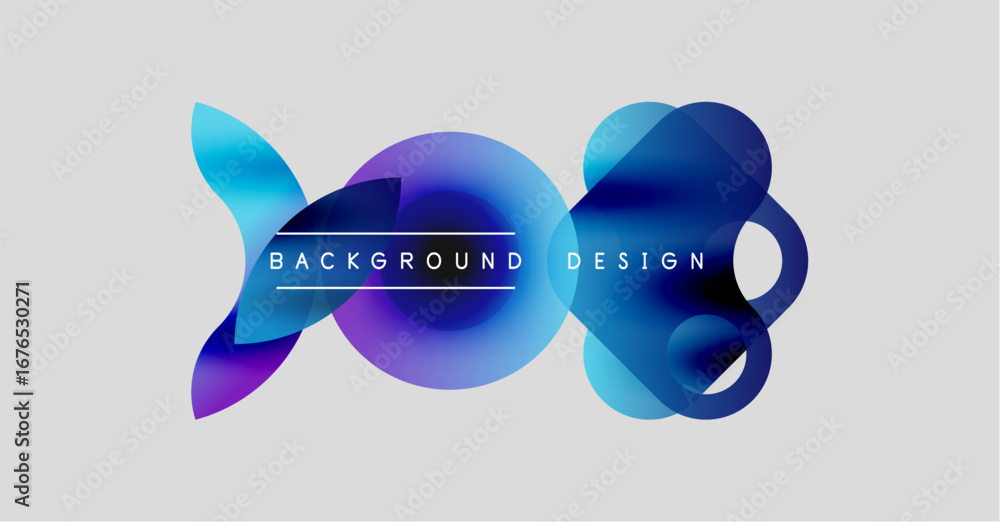 Poster abstract shapes overlap, creating vibrant blue, purple gradients. text reads background design cente