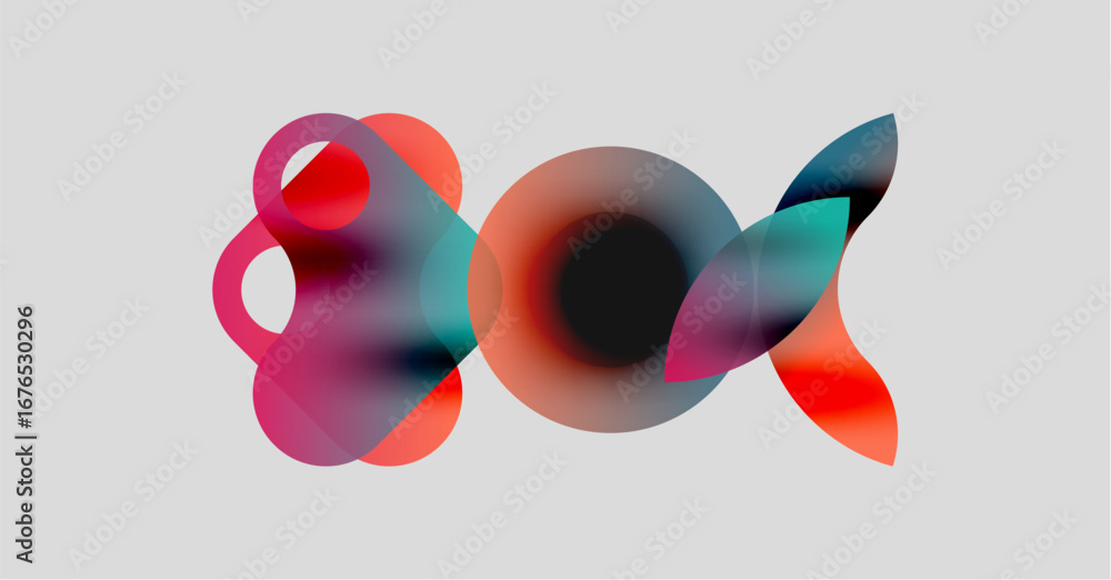 Poster abstract shapes overlap, creating vibrant color blends. soft gradients suggest movement, depth. mini
