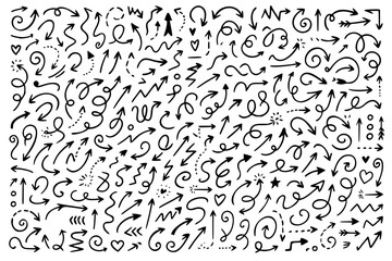 A dynamic vector collection of hand-drawn arrows and decorative sketch elements, featuring a wide variety of styles including straight, curved, looped, squiggly, and multi-headed arrows.