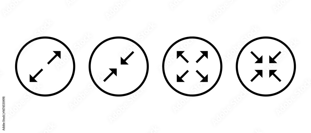 Poster expand and collapse arrow icon set. full screen and exit fullscreen symbol in circular outline