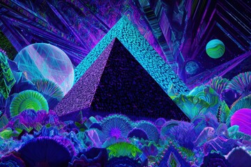 Triangular pyramid in a vibrant, surreal landscape