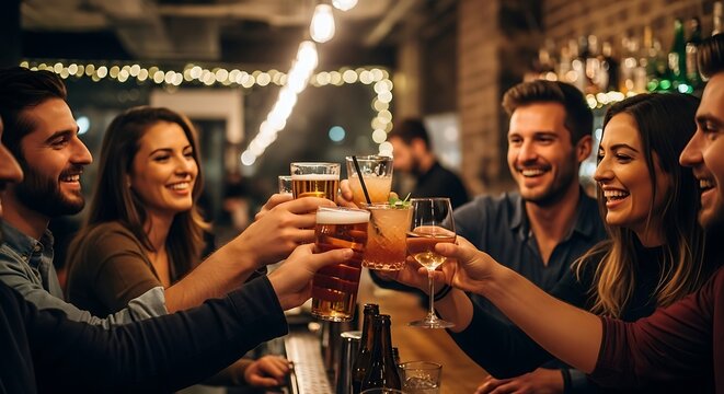 Smiling People Toasting Drinks at Bar with Soft, Warm Lighting