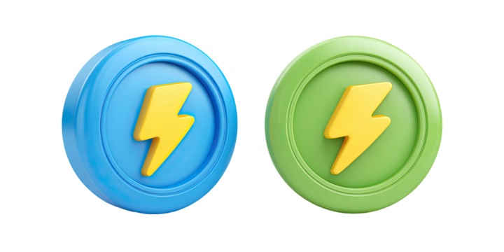 Two 3D rendered, stylized lightning bolt icons, one blue, one green