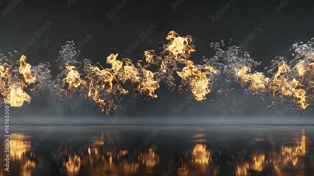 Poster golden flames, suspended in a misty, reflective environment, create an ethereal and dynamic visual.