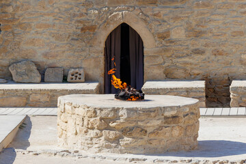 Close up view of a gas fire pit at the Atashgah Zoroastrian Fire Temple, Azerbaijan