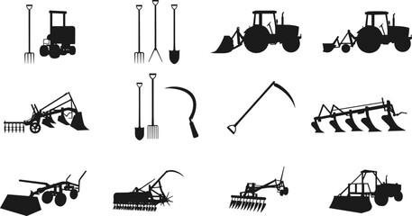 Farm tools, agricultural machinery, tractor equipment, plow, shovel, sickle, rake, cultivation machines, farming implements, harvesting tools, soil preparation, black silhouette illustration