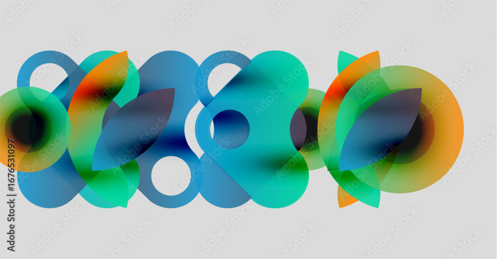 Poster Abstract composition featuring overlapping colorful circles. Gradient hues blend, creating dynamic visual effect. Soft lighting, modern design.