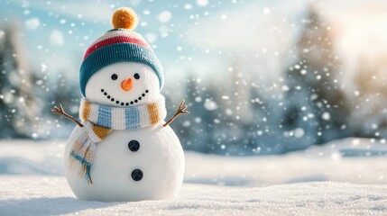 Fototapeta premium Bright winter day with cheerful snowman wearing scarf and colorful hat standing in snowy open field under glowing blue sky.