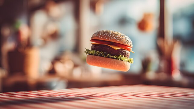A delectable hamburger floats in the air above a checkered table in a warm, inviting restaurant setting.