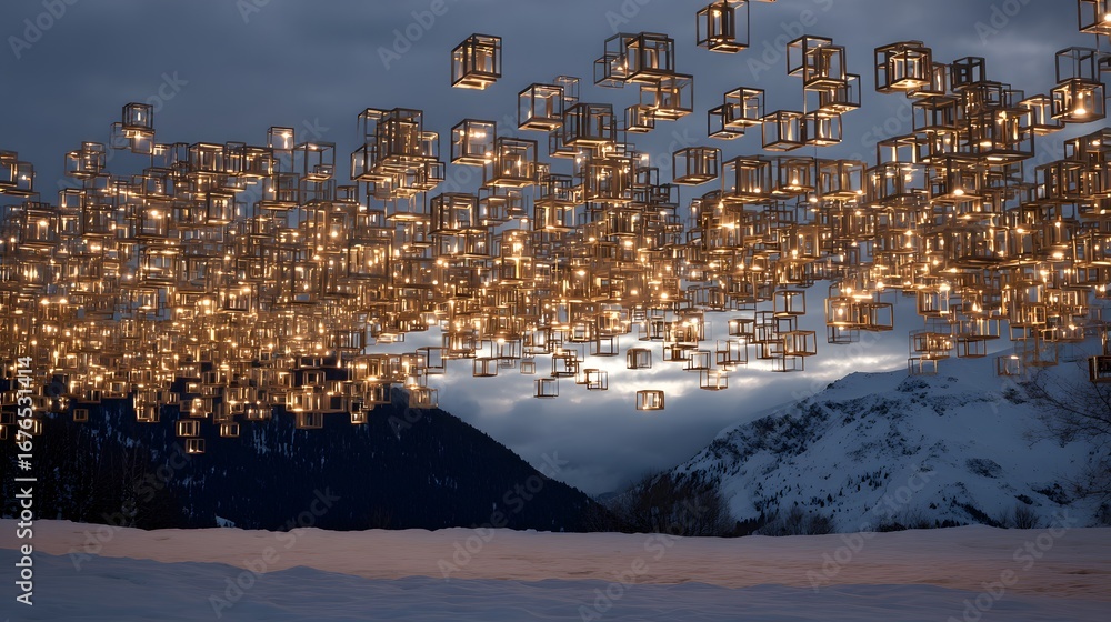 Poster a multitude of warm-lit square structures hangs suspended in the twilight sky above a snowy mountain