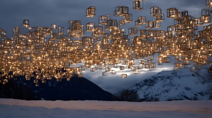 Obraz premium A multitude of warm-lit square structures hangs suspended in the twilight sky above a snowy mountain landscape, creating a captivating and ethereal scene.